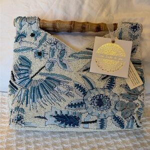 NWT- Blue and White Beaded Bag Bamboo Fern tropical